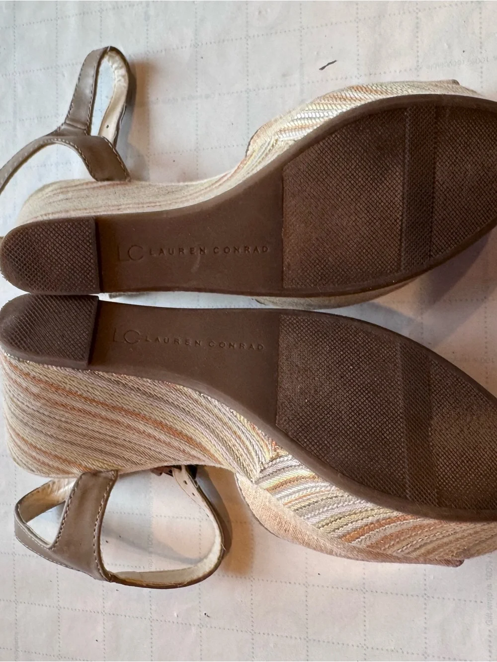 LC Lauren Conrad Beige Linen & Taupe Leather Ankle-Strap Heels